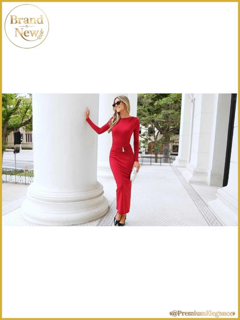 Long Sleeve Ruched Slit Maxi Dress Bodycon Wedding Guest Cocktail - Picture 6 of 6